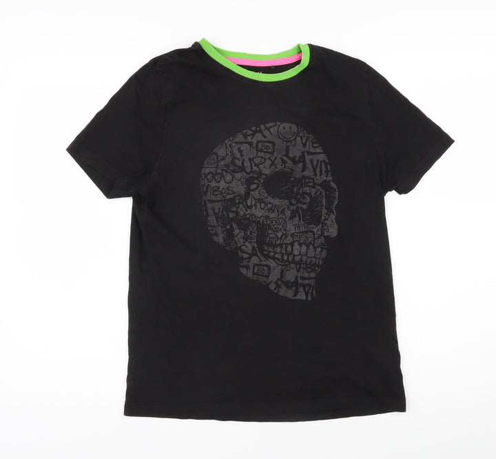 NEXT Girls Black 100% Cotton Basic T-Shirt Size 15 Years Round Neck Pullover - Skull