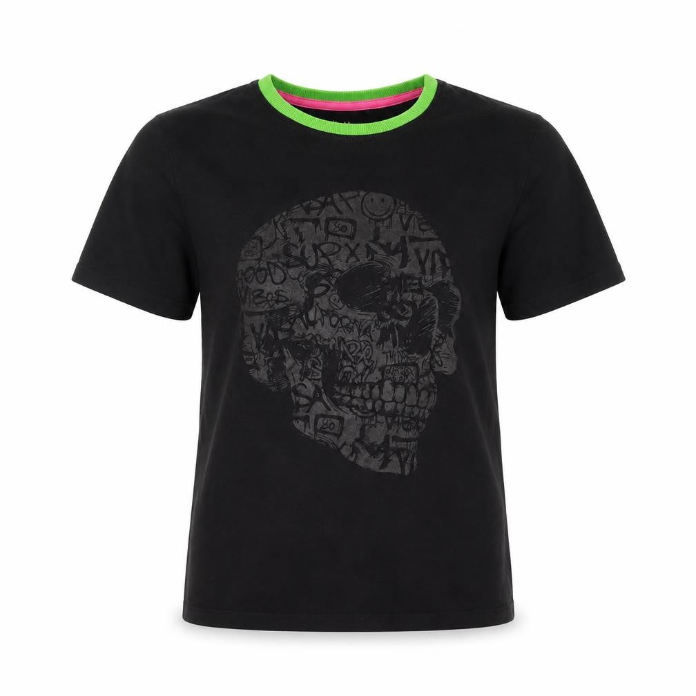 Front view of Next girls’ black 100% cotton basic t-shirt, size 15, years round neck pullover - skull
