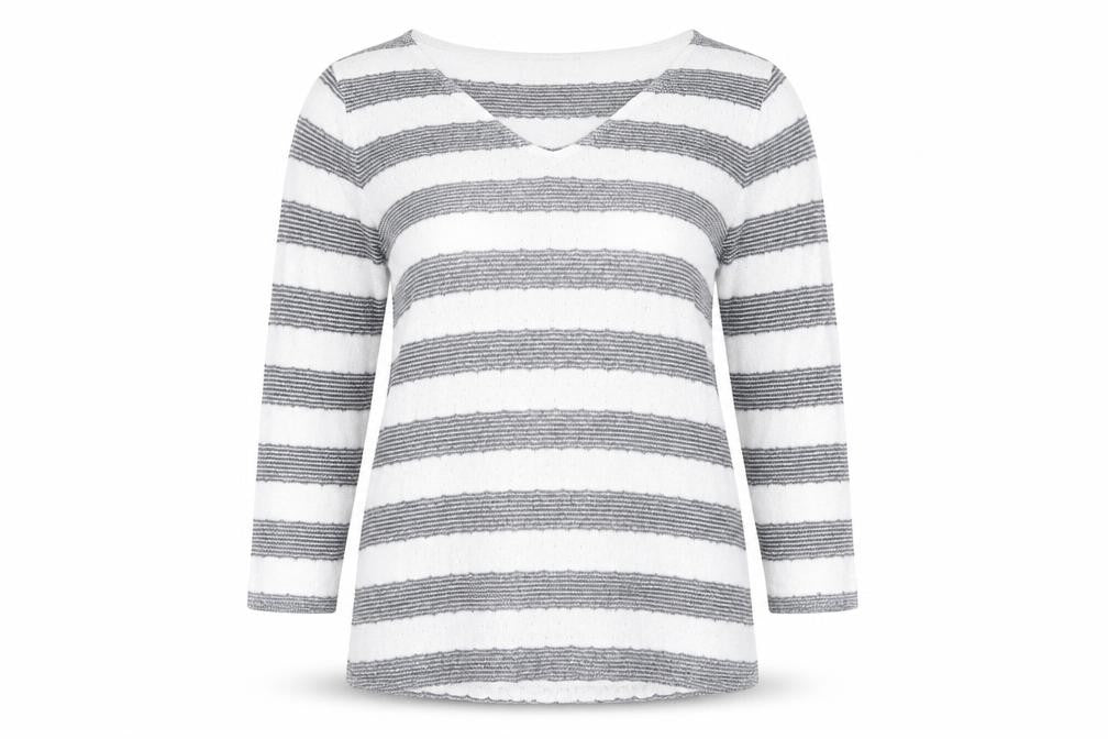 Front view of Next women’s blue striped viscose tunic blouse, size UK 12, v-neck