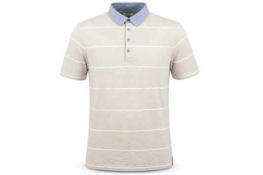Front view of Marks & Spencer men’s beige striped 100% cotton polo, size S, collared button