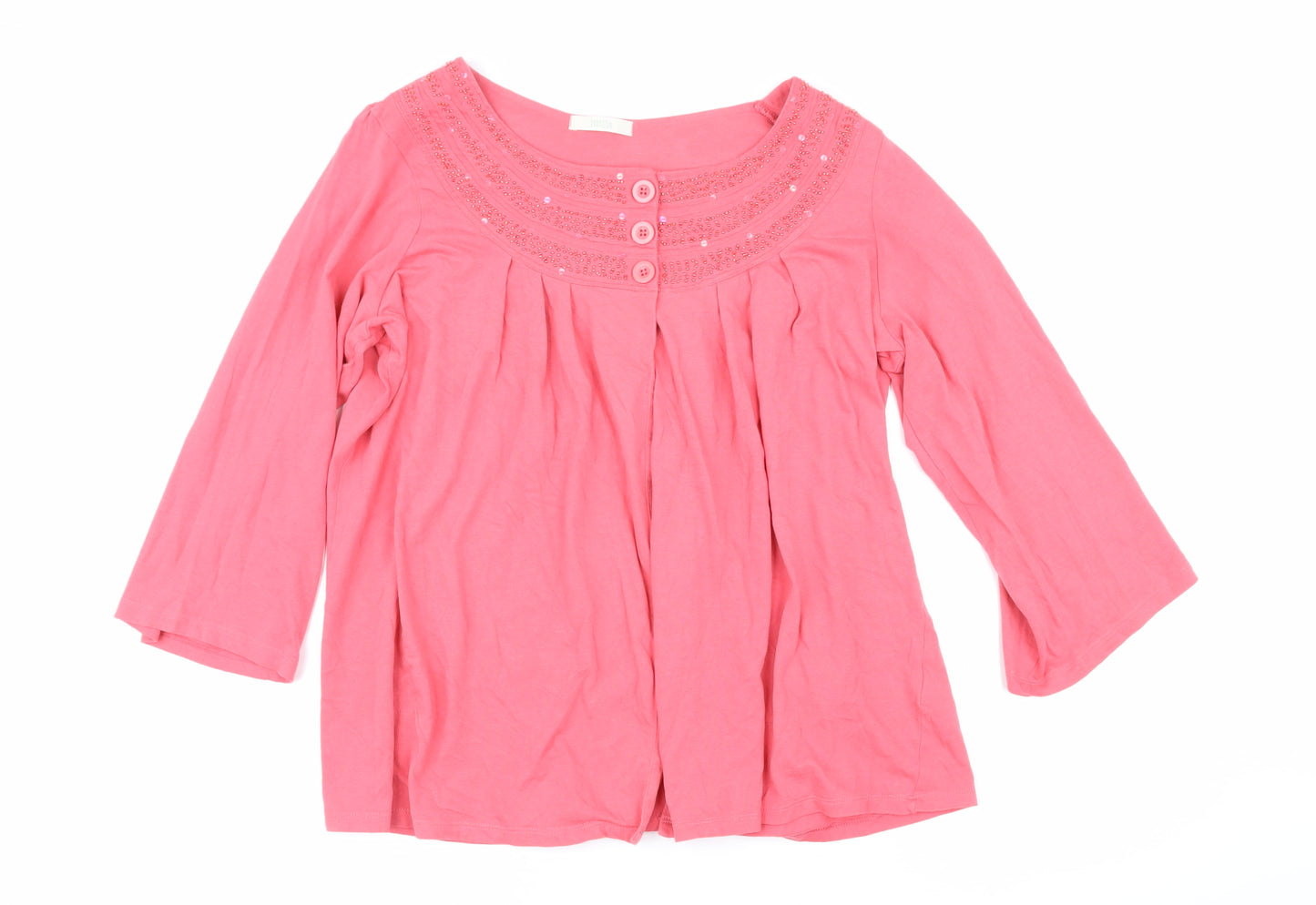 Marks and Spencer Womens Pink Cotton Basic Button-Up Size 16 Round Neck - Beaded Detail