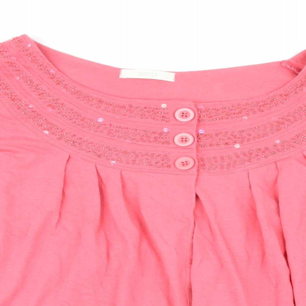 Marks and Spencer Womens Pink Cotton Basic Button-Up Size 16 Round Neck - Beaded Detail