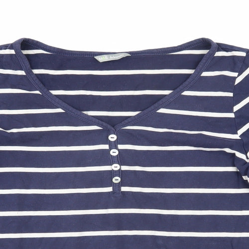 Marks and Spencer Womens Blue Striped 100% Cotton Basic T-Shirt Size 14 V-Neck