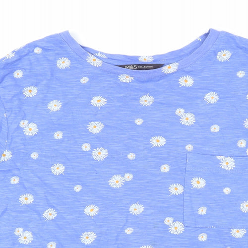 Marks and Spencer Womens Blue Floral 100% Cotton Basic T-Shirt Size 8 Boat Neck