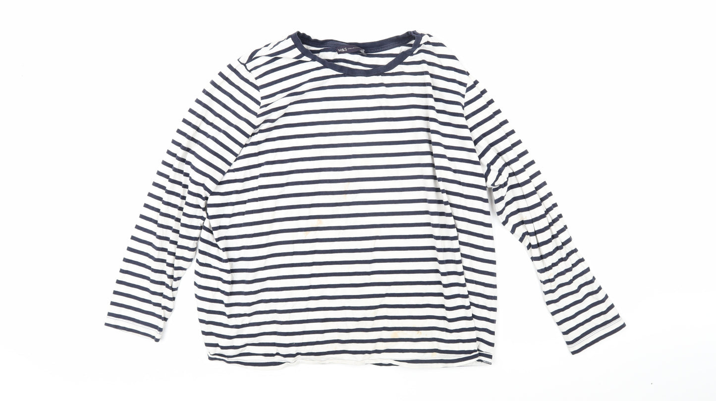 Marks and Spencer Womens Blue Striped 100% Cotton Basic T-Shirt Size 22 Boat Neck