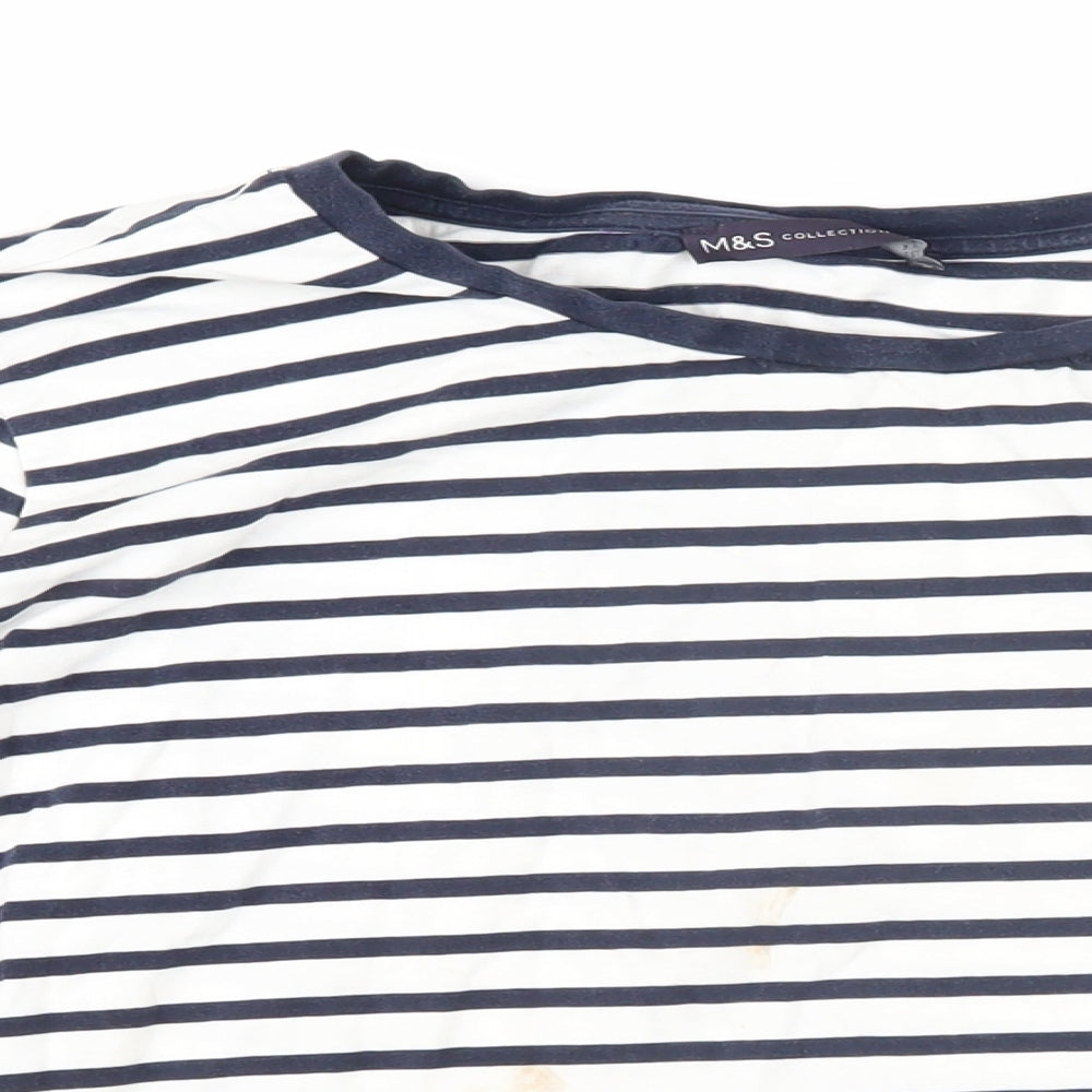 Marks and Spencer Womens Blue Striped 100% Cotton Basic T-Shirt Size 22 Boat Neck