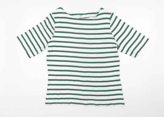 John Lewis Womens Green Striped 100% Cotton Basic T-Shirt Size 16 Boat Neck