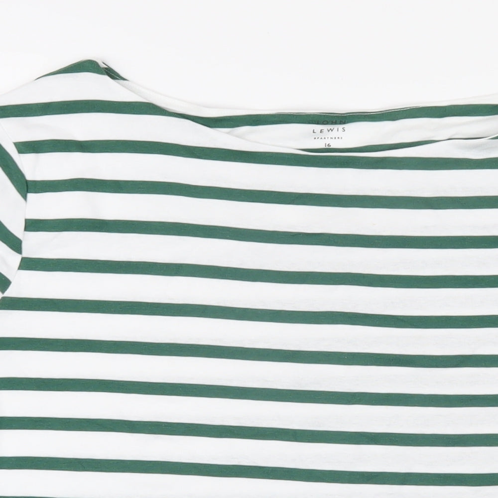 John Lewis Womens Green Striped 100% Cotton Basic T-Shirt Size 16 Boat Neck