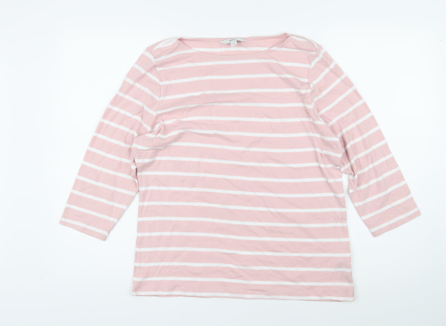 Marks and Spencer Womens Pink Striped 100% Cotton Basic T-Shirt Size 18 Boat Neck