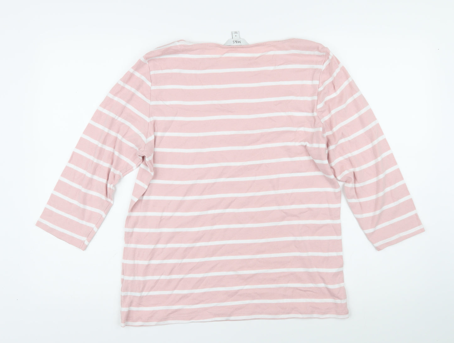 Marks and Spencer Womens Pink Striped 100% Cotton Basic T-Shirt Size 18 Boat Neck