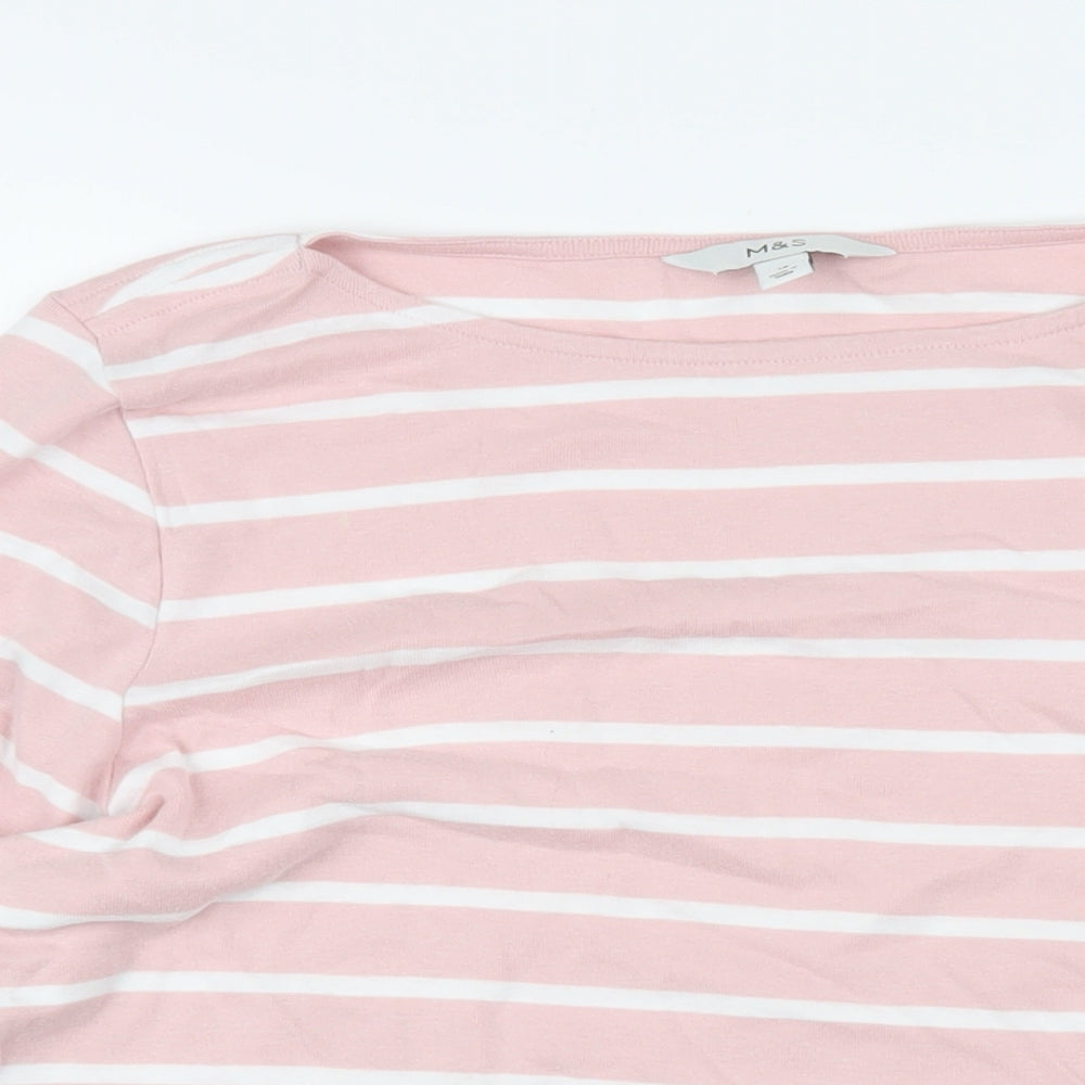 Marks and Spencer Womens Pink Striped 100% Cotton Basic T-Shirt Size 18 Boat Neck