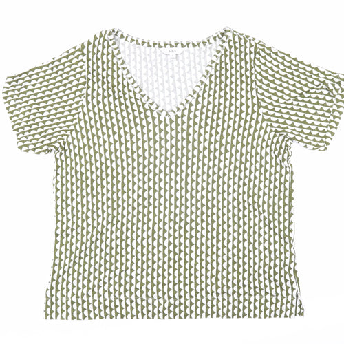 Marks and Spencer Womens Green Geometric Flax Tunic T-Shirt Size 16 V-Neck