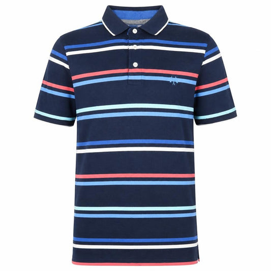 Front view of Alantic bay men’s multicoloured striped 100% cotton polo, size S, collared button