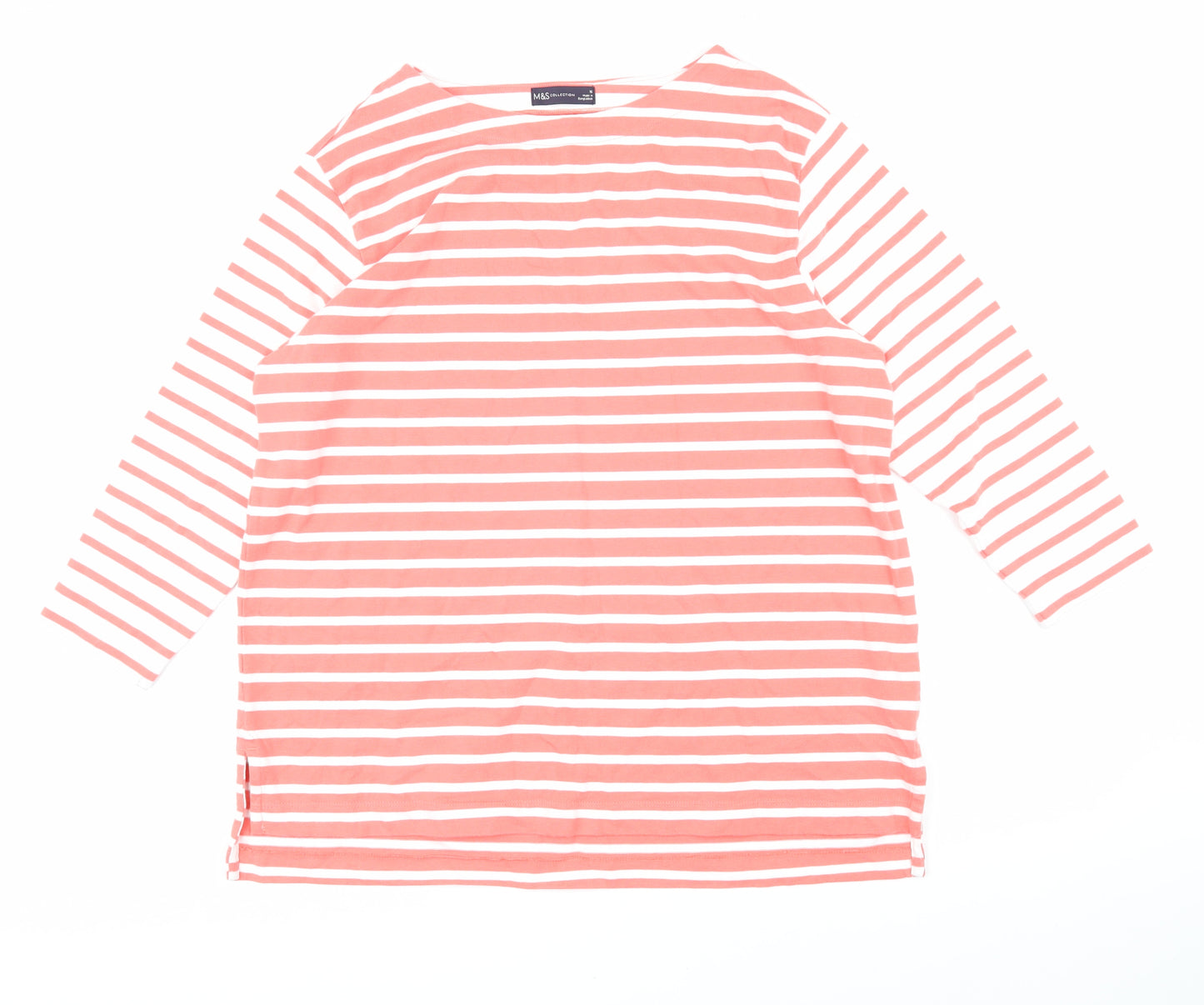 Marks and Spencer Womens Pink Striped 100% Cotton Basic T-Shirt Size 16 Boat Neck