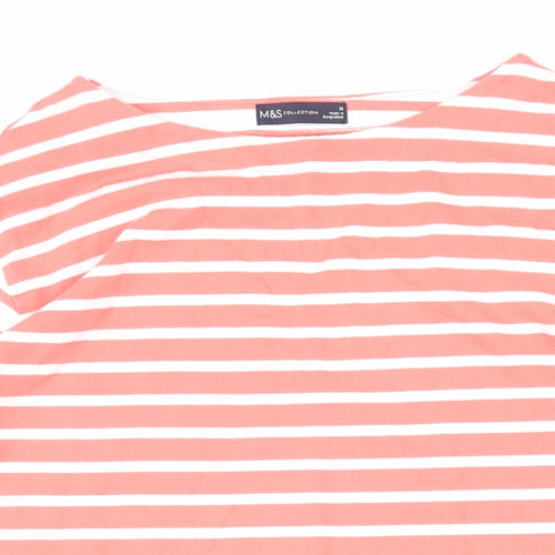 Marks and Spencer Womens Pink Striped 100% Cotton Basic T-Shirt Size 16 Boat Neck