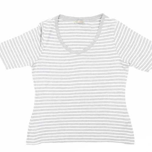 Marks and Spencer Womens Grey Striped 100% Cotton Basic T-Shirt Size 14 Scoop Neck