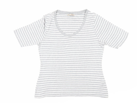 Marks and Spencer Womens Grey Striped 100% Cotton Basic T-Shirt Size 14 Scoop Neck