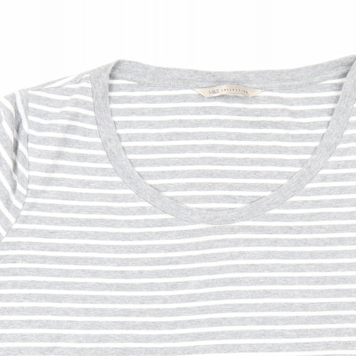 Marks and Spencer Womens Grey Striped 100% Cotton Basic T-Shirt Size 14 Scoop Neck