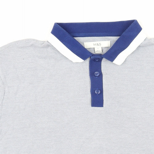 Marks and Spencer Mens Blue Geometric Modal Polo Size L Collared Button