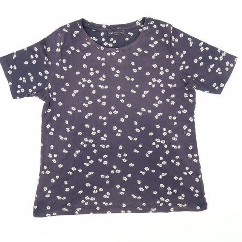 Marks and Spencer Womens Blue Floral 100% Cotton Basic T-Shirt Size 16 Boat Neck