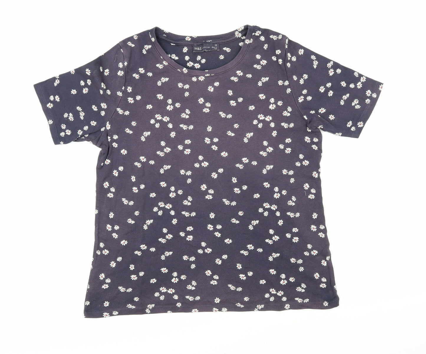 Marks and Spencer Womens Blue Floral 100% Cotton Basic T-Shirt Size 16 Boat Neck