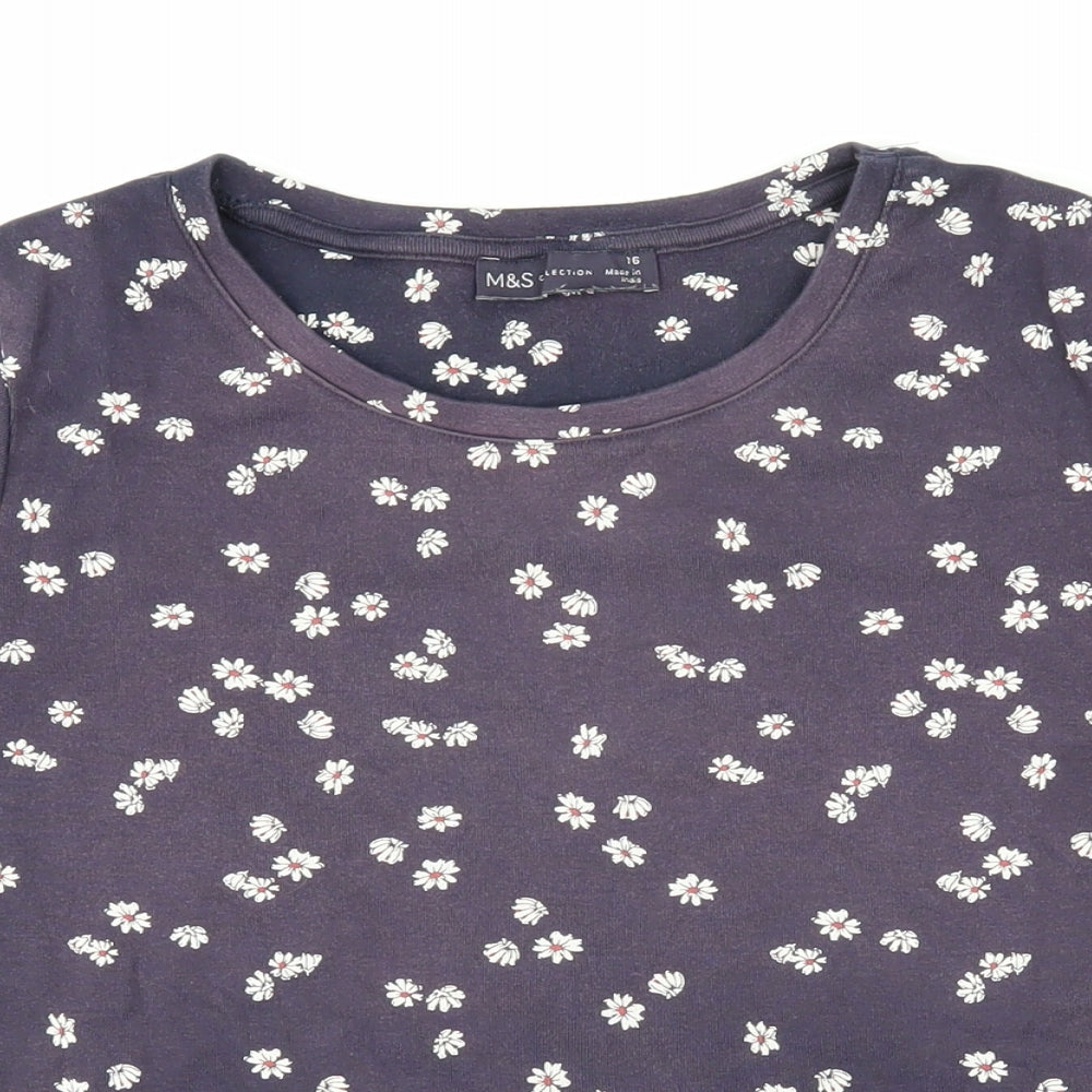 Marks and Spencer Womens Blue Floral 100% Cotton Basic T-Shirt Size 16 Boat Neck