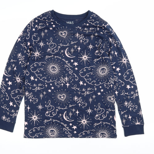 Marks and Spencer Girls Blue Geometric 100% Cotton Pullover Sweatshirt Size 11-12 Years Pullover - Moon & Stars