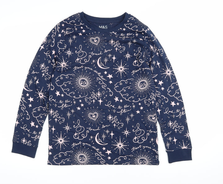 Marks and Spencer Girls Blue Geometric 100% Cotton Pullover Sweatshirt Size 11-12 Years Pullover - Moon & Stars