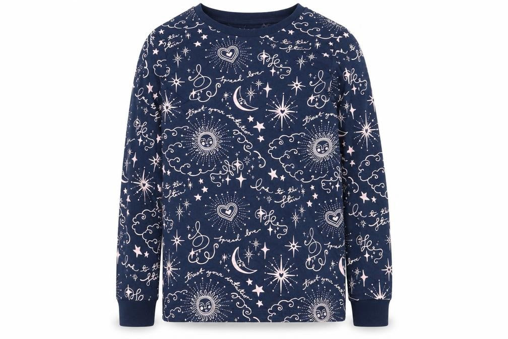 Marks and Spencer Girls Blue Geometric 100% Cotton Pullover Sweatshirt Size 11-12 Years Pullover - Moon & Stars