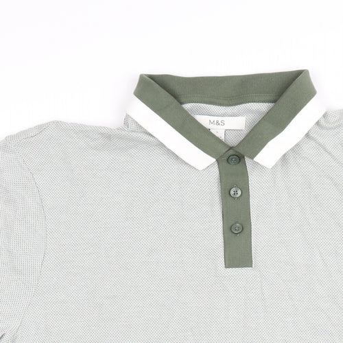 Marks and Spencer Mens Green Geometric Modal Polo Size L Collared Button