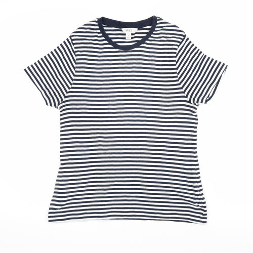 Marks and Spencer Womens Blue Striped 100% Cotton Basic T-Shirt Size 14 Round Neck