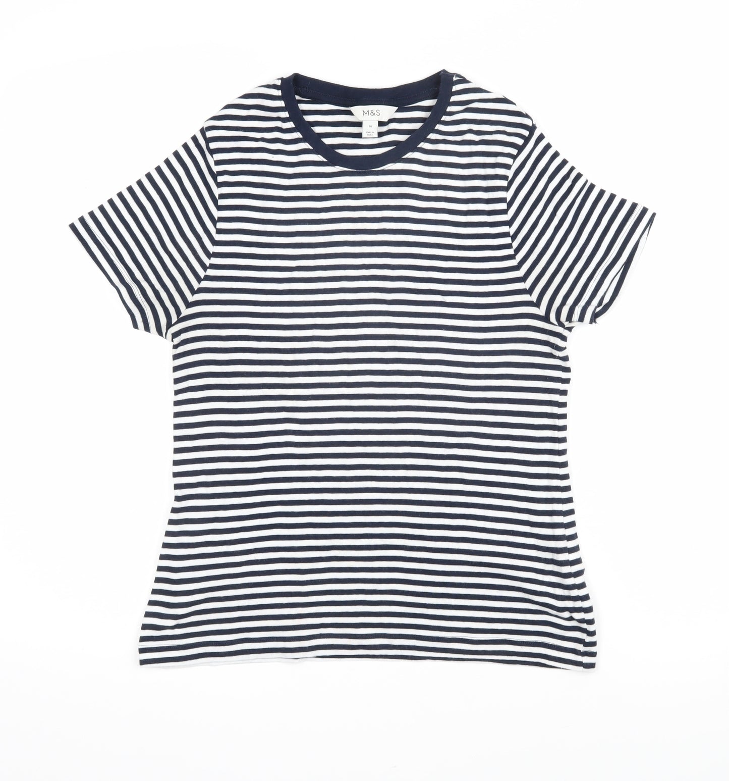 Marks and Spencer Womens Blue Striped 100% Cotton Basic T-Shirt Size 14 Round Neck