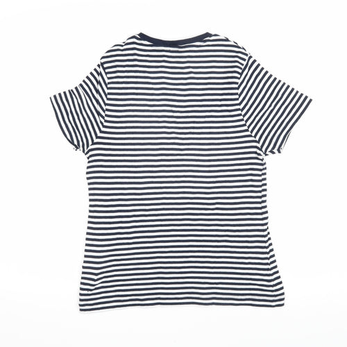 Marks and Spencer Womens Blue Striped 100% Cotton Basic T-Shirt Size 14 Round Neck