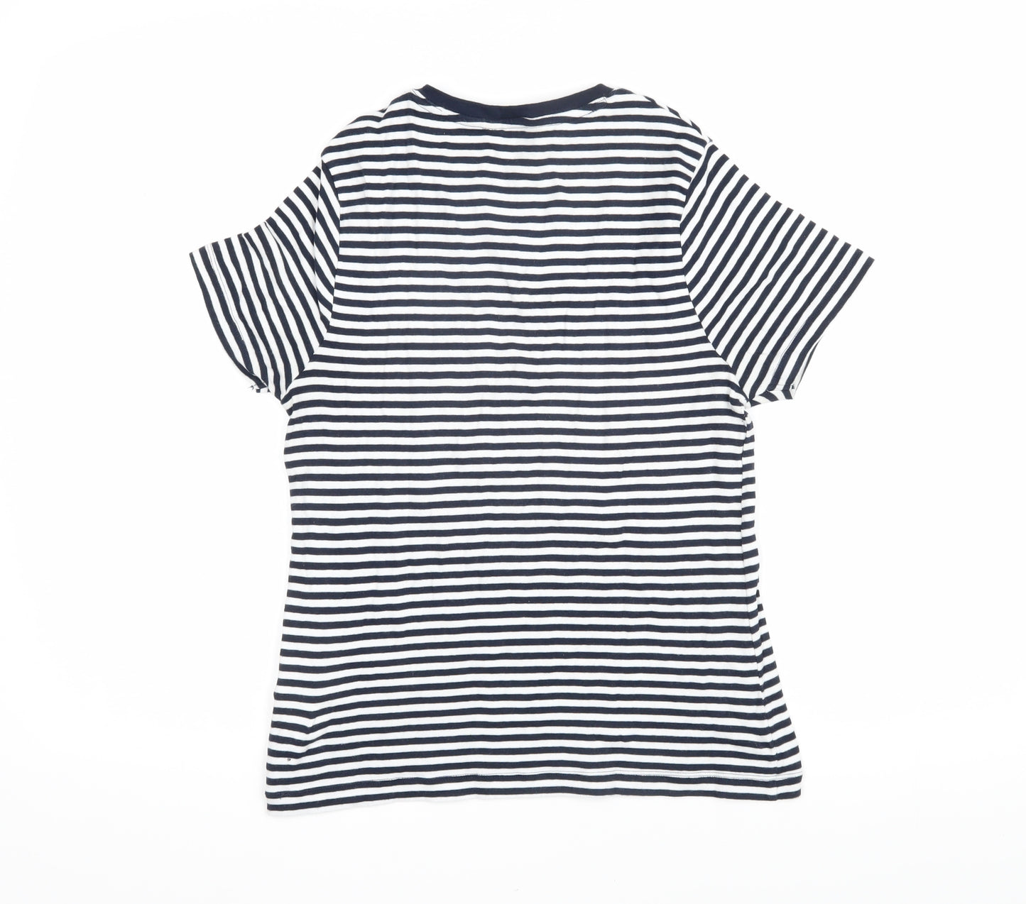 Marks and Spencer Womens Blue Striped 100% Cotton Basic T-Shirt Size 14 Round Neck