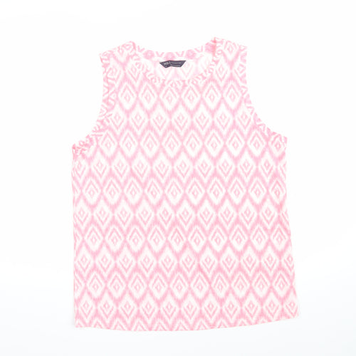 Marks and Spencer Womens Pink Geometric Polyester Basic T-Shirt Size 10 Scoop Neck