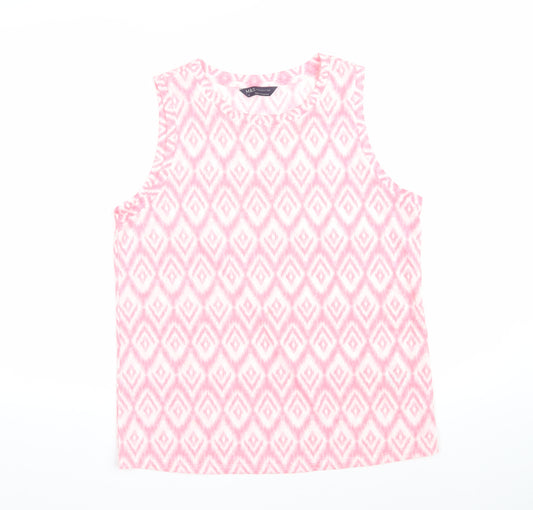 Marks and Spencer Womens Pink Geometric Polyester Basic T-Shirt Size 10 Scoop Neck