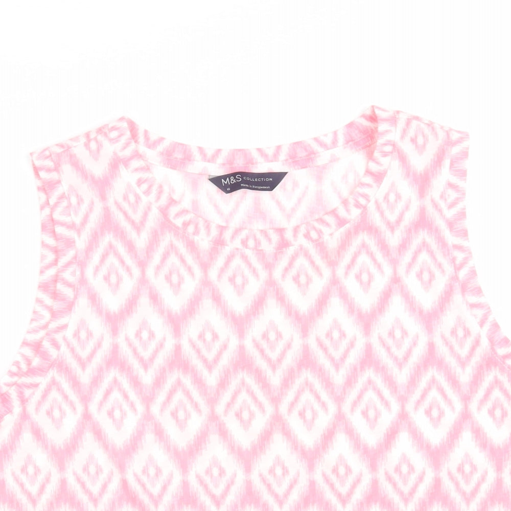 Marks and Spencer Womens Pink Geometric Polyester Basic T-Shirt Size 10 Scoop Neck