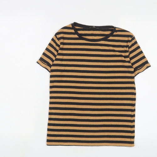 Zara Womens Brown Striped Viscose Basic T-Shirt Size S Crew Neck