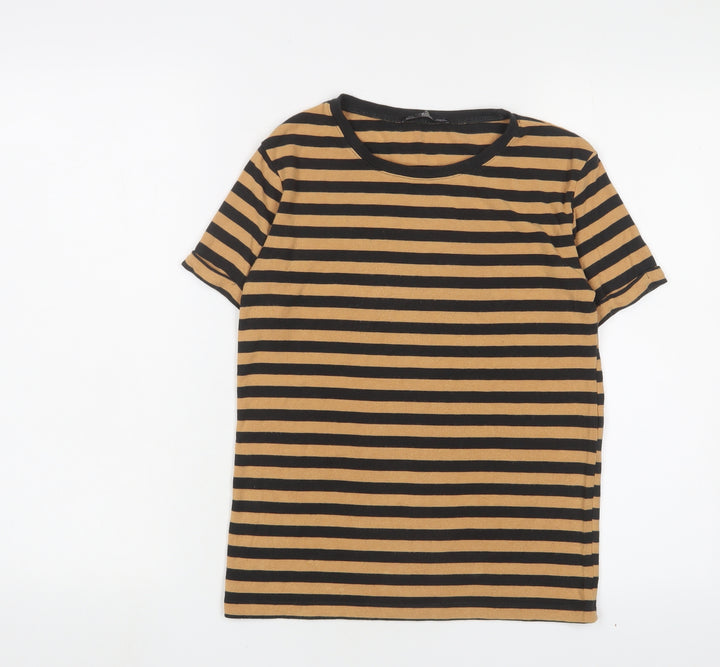 Zara Womens Brown Striped Viscose Basic T-Shirt Size S Crew Neck