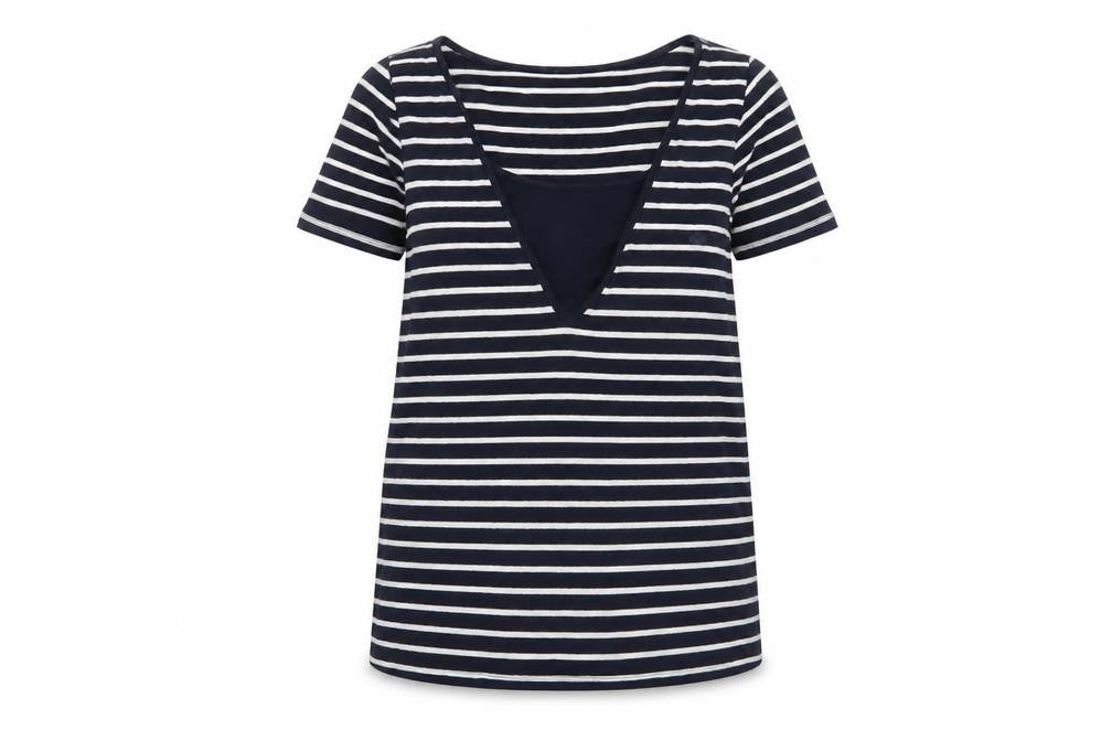 Front view of Seraphine women’s blue striped viscose basic t-shirt, size XS, v-neck