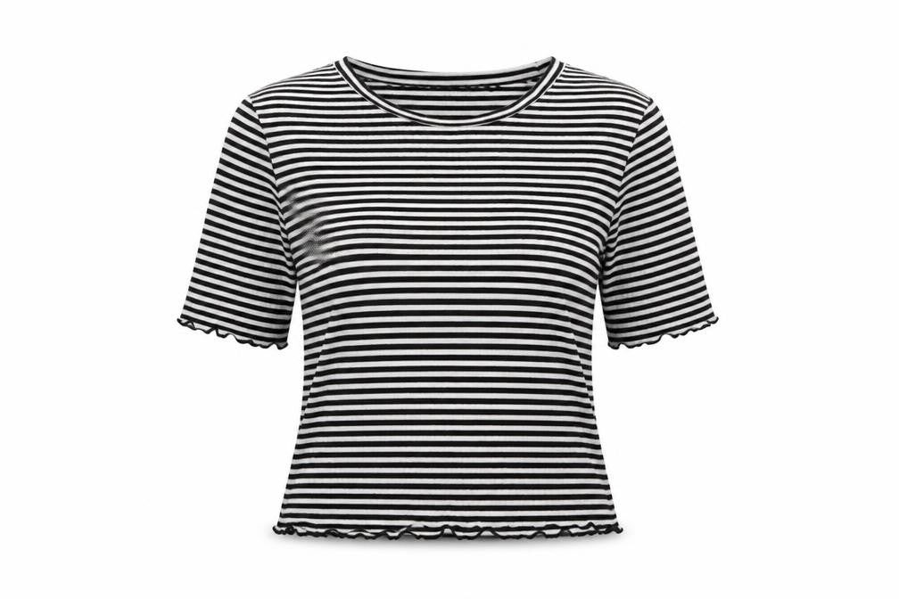 Front view of Limited Edition women’s black striped polyester basic t-shirt, size UK 14, crew neck - lettuce edging