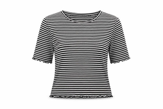 Front view of Limited Edition women’s black striped polyester basic t-shirt, size UK 14, crew neck - lettuce edging