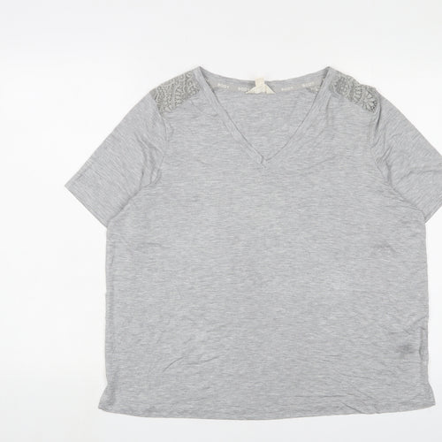 Marks and Spencer Womens Grey Viscose Basic T-Shirt Size L V-Neck Pullover - Lace