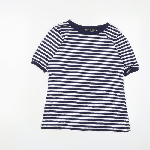 Boohoo Womens Blue Striped Viscose Basic T-Shirt Size 8 Crew Neck