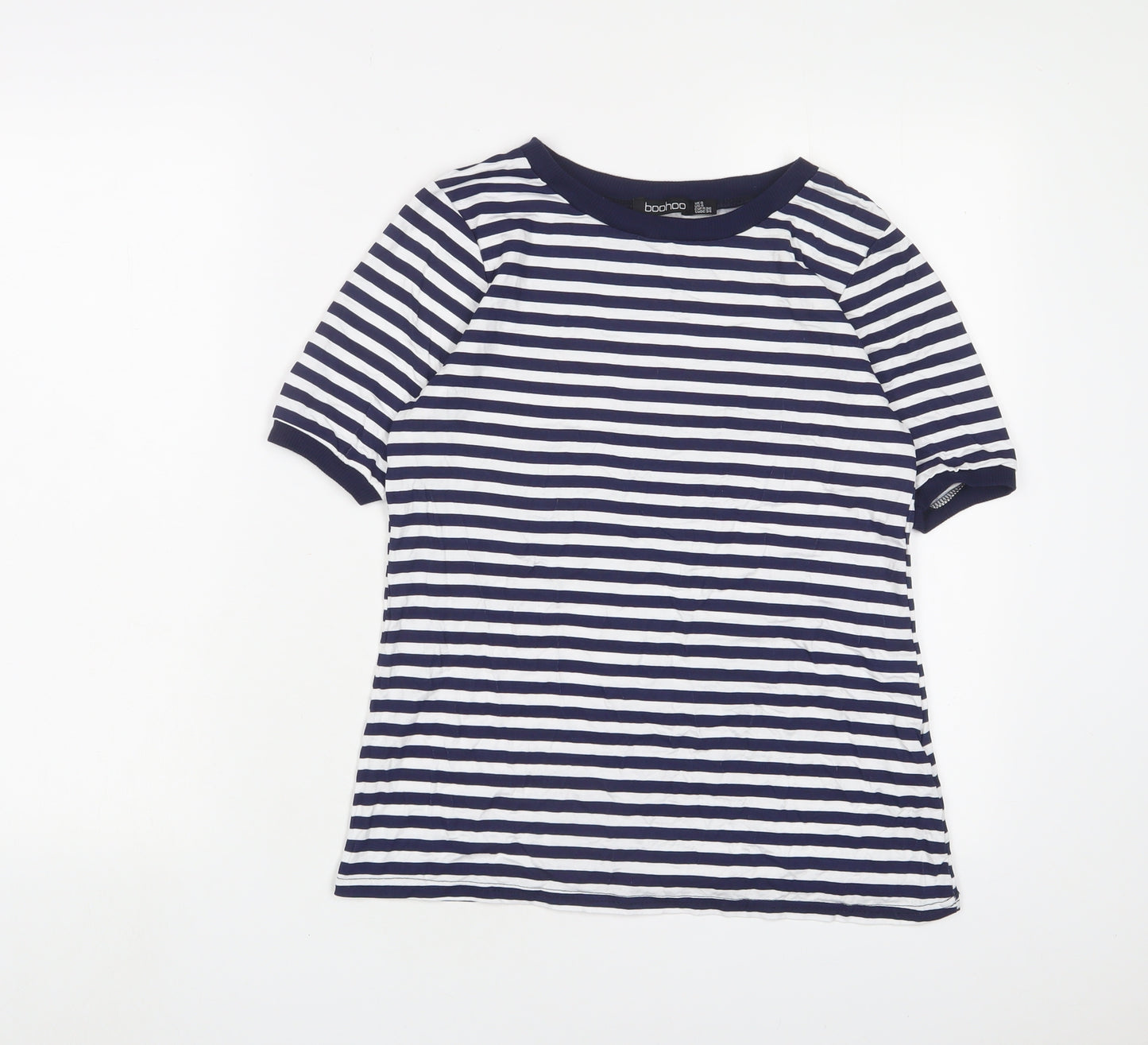 Boohoo Womens Blue Striped Viscose Basic T-Shirt Size 8 Crew Neck