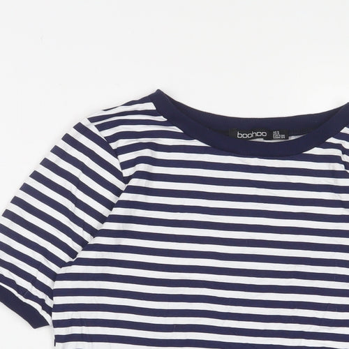 Boohoo Womens Blue Striped Viscose Basic T-Shirt Size 8 Crew Neck