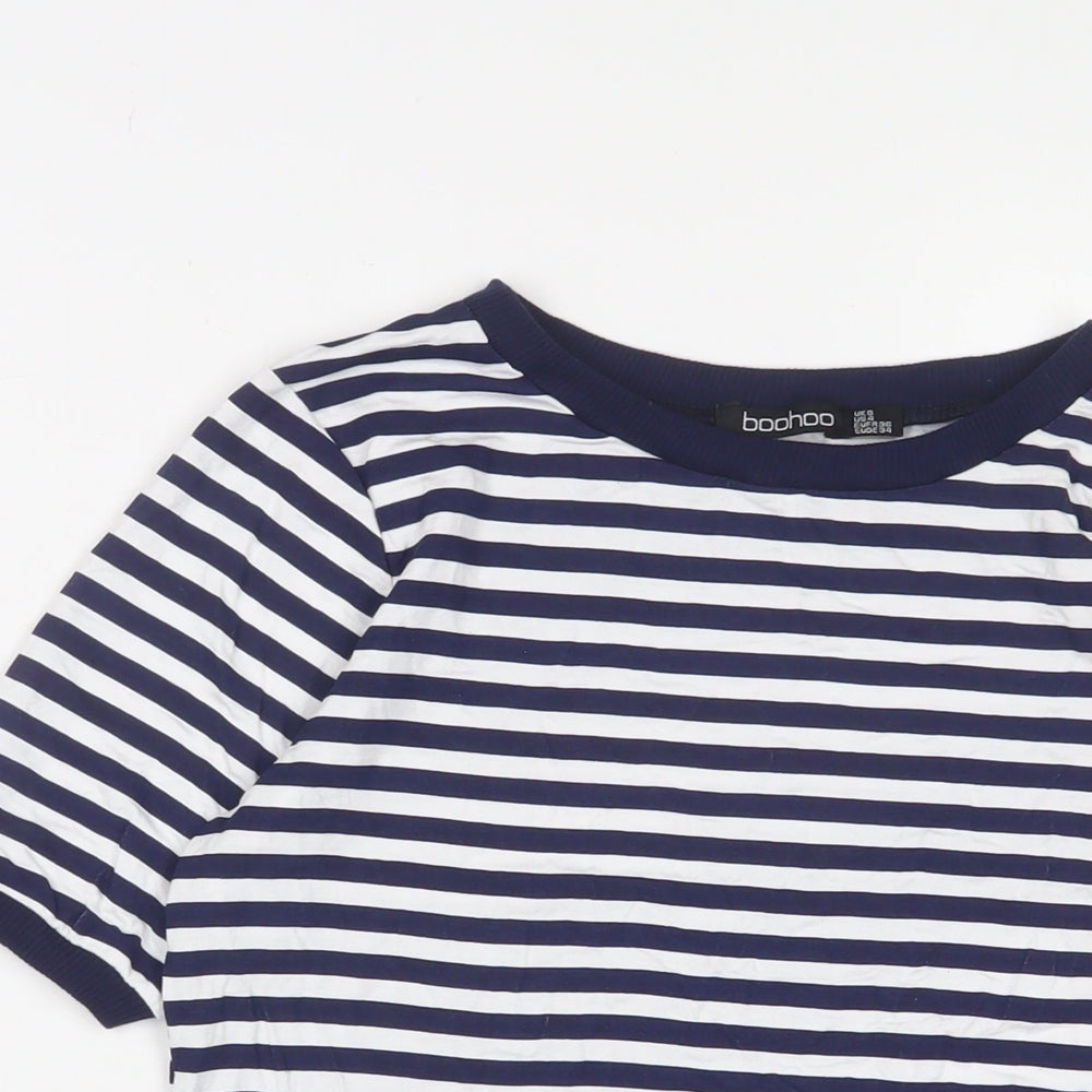 Boohoo Womens Blue Striped Viscose Basic T-Shirt Size 8 Crew Neck