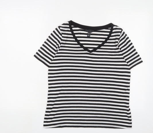 New Look Womens Black Striped Polyester Basic T-Shirt Size 12 V-Neck