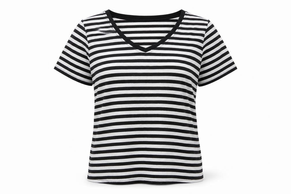 Front view of New Look women’s black striped polyester basic t-shirt, size UK 12, v-neck