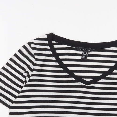 New Look Womens Black Striped Polyester Basic T-Shirt Size 12 V-Neck